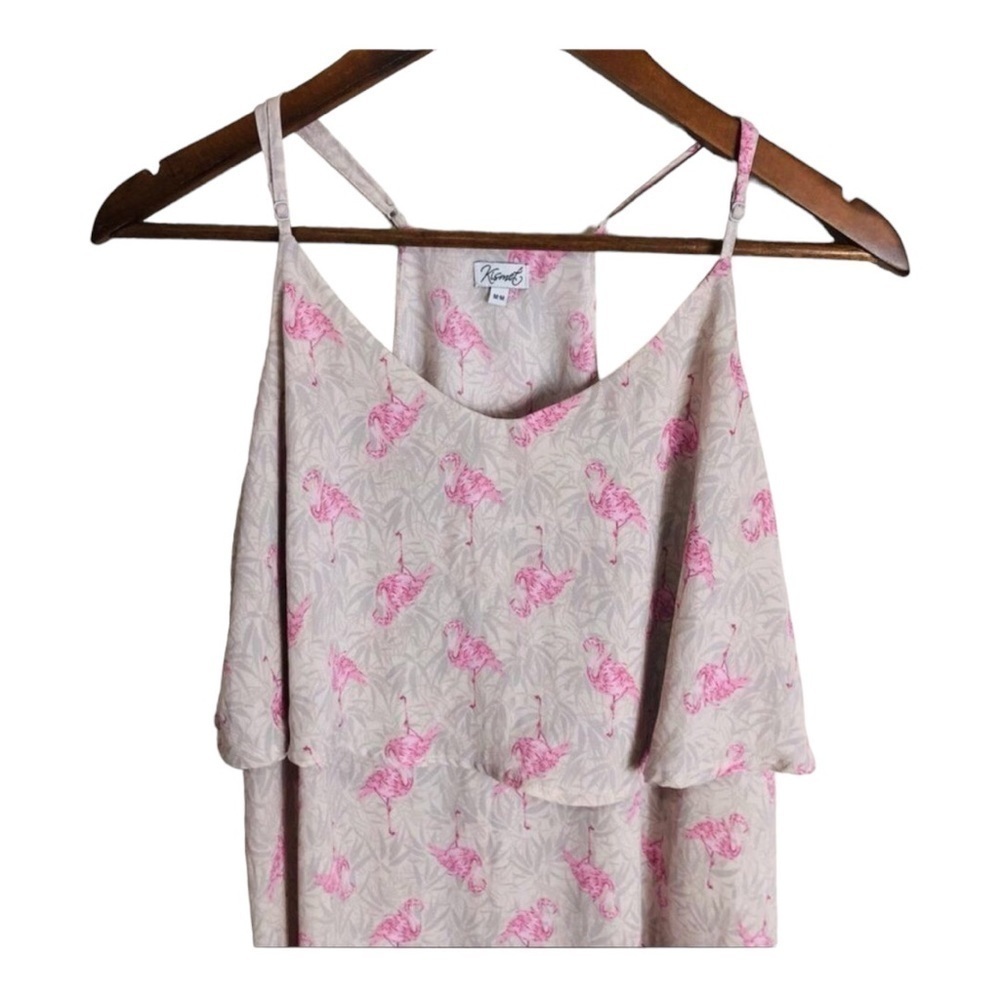 4/$45 KISMET Pink Grey Unique Flamingo Print Sleeveless Ruffle Tank Top Medium - Picture 3 of 6
